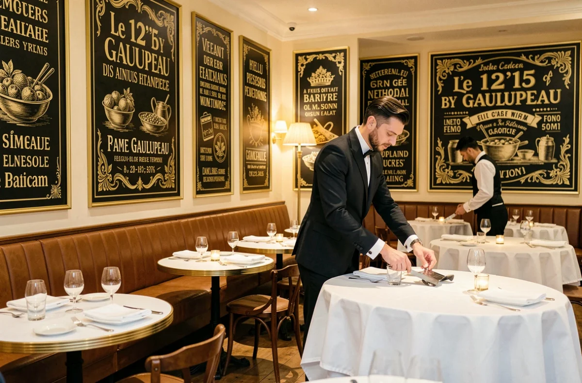 Le 12'15 By Gaulupeau, salle de réception gastronomique au décor brasserie chic avec panneaux noir et or dans les Yvelines