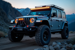 Véhicule 4x4 robuste sur sentier rocheux au crépuscule