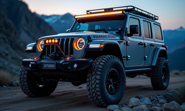 Véhicule 4x4 robuste sur sentier rocheux au crépuscule