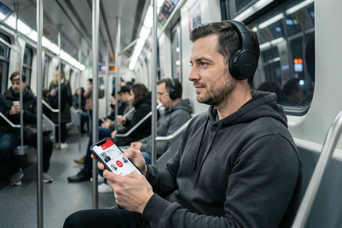 Homme écoutant YouTube Music avec un casque sans fil dans le métro, comparant les offres d'abonnement en 2026