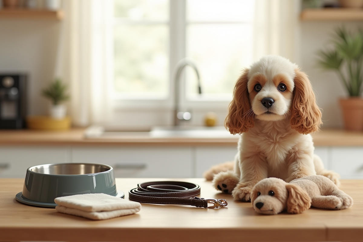 Accessoires pour chien sur une table dans la cuisine lumineuse