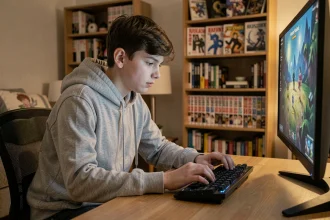 Adolescent concentré sur une session de jeu MMORPG solo sur son ordinateur de bureau dans une chambre chaleureuse, stratégie de progression XP Dofus serveur monocompte