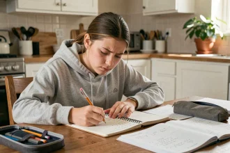 Adolescente faisant ses devoirs de mathématiques à la table de cuisine, travaillant sur une conversion d'unités de volume en millilitres et litres