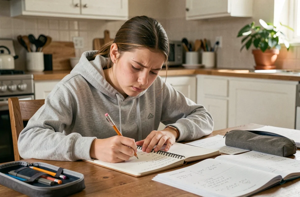Adolescente faisant ses devoirs de mathématiques à la table de cuisine, travaillant sur une conversion d'unités de volume en millilitres et litres