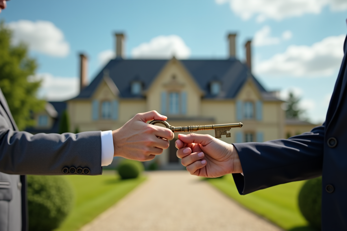Agent immobilier remettant une clé à un propriétaire devant un chateau