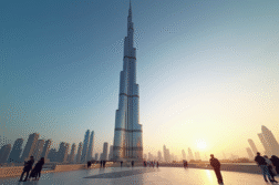 Almas Tower au lever du soleil à Dubaï avec reflet doré