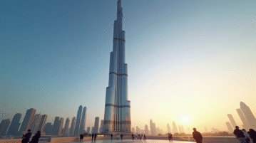 Almas Tower au lever du soleil à Dubaï avec reflet doré