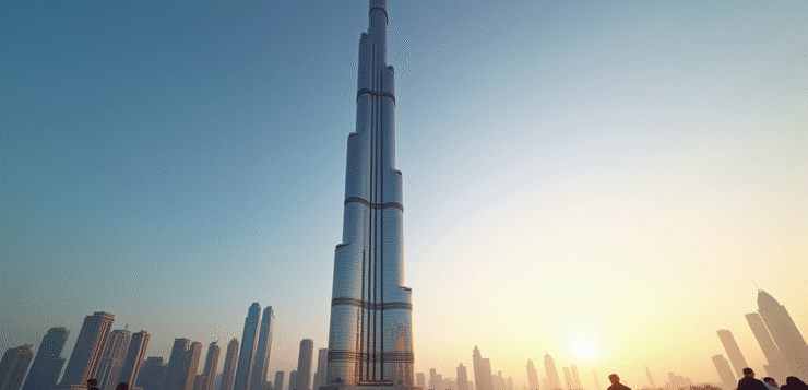 Almas Tower au lever du soleil à Dubaï avec reflet doré