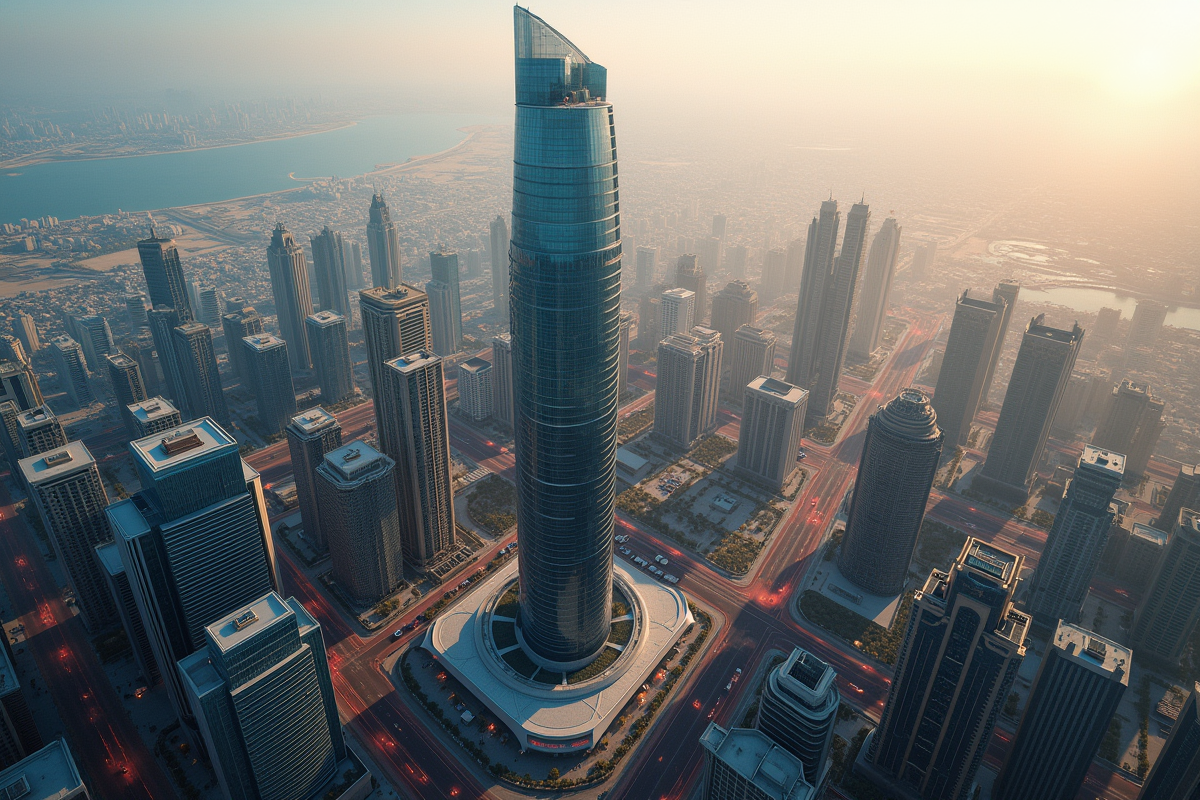 Vue aérienne de Almas Tower en journée avec ville animée