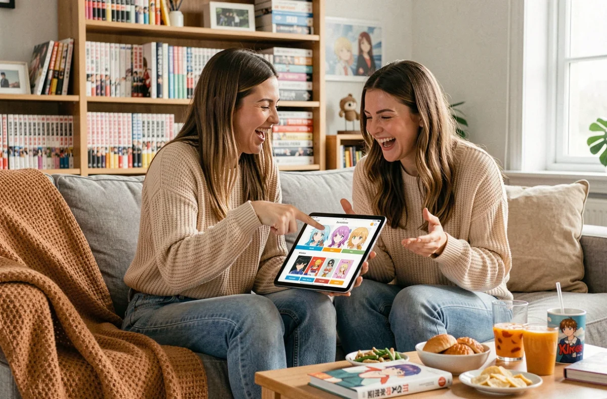 Deux amies qui discutent et comparent leurs anime husbandos préférés devant une tablette dans un salon décoré de mangas