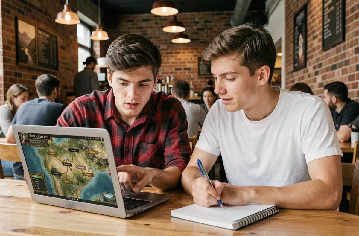 Deux jeunes hommes étudiant ensemble une carte de zone RPG sur un ordinateur portable dans un café, planification de stratégies XP pour le serveur monocompte Dofus 3