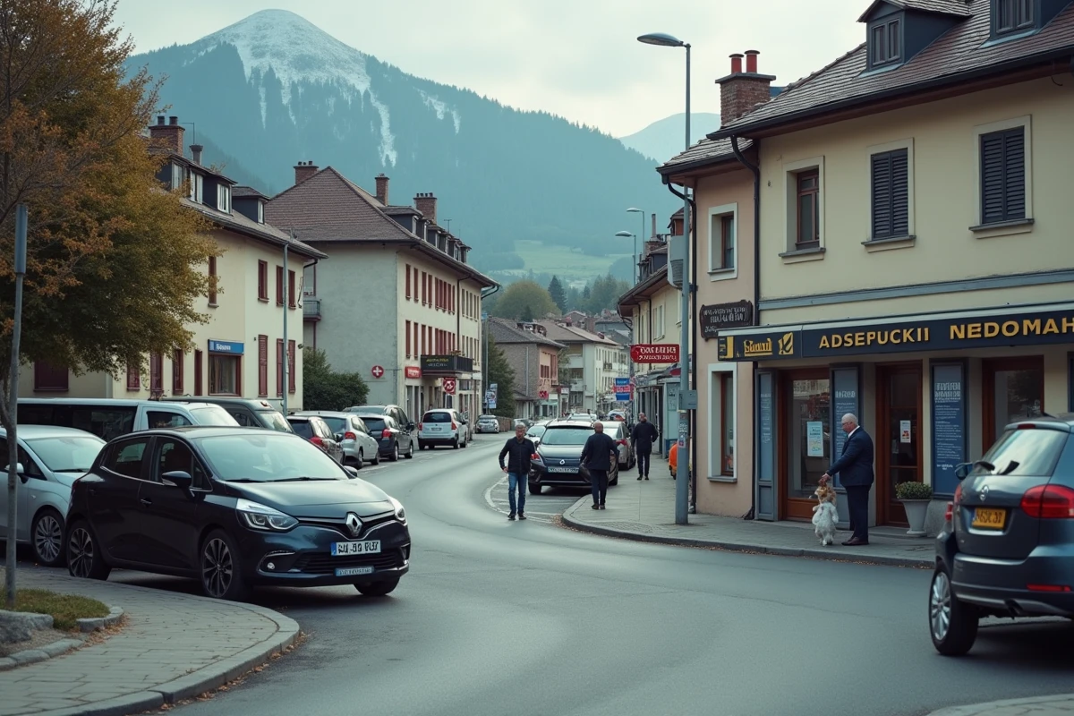 Zone commerciale frontalière d'Annemasse avec plaques suisses et françaises et bureau de change sécurisé, illustrant l'effet frontalier sur la délinquance