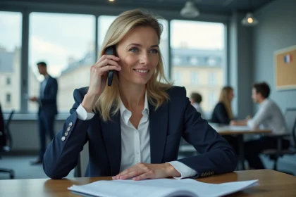 Professionnelle belge en blazer marine passant un appel téléphonique professionnel vers la France dans un bureau moderne à Bruxelles