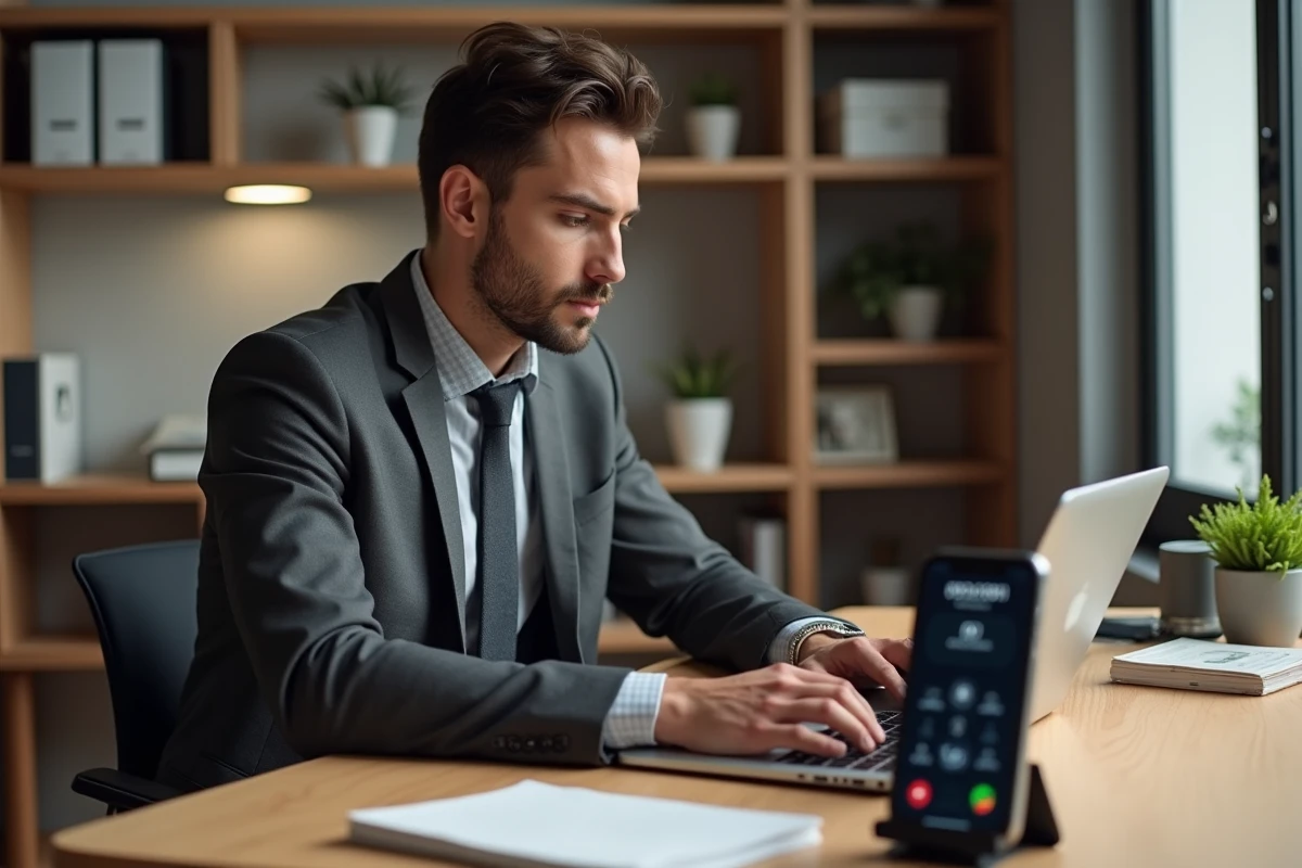 Professionnel parisien en télétravail gérant un appel international vers la Belgique depuis son bureau à domicile