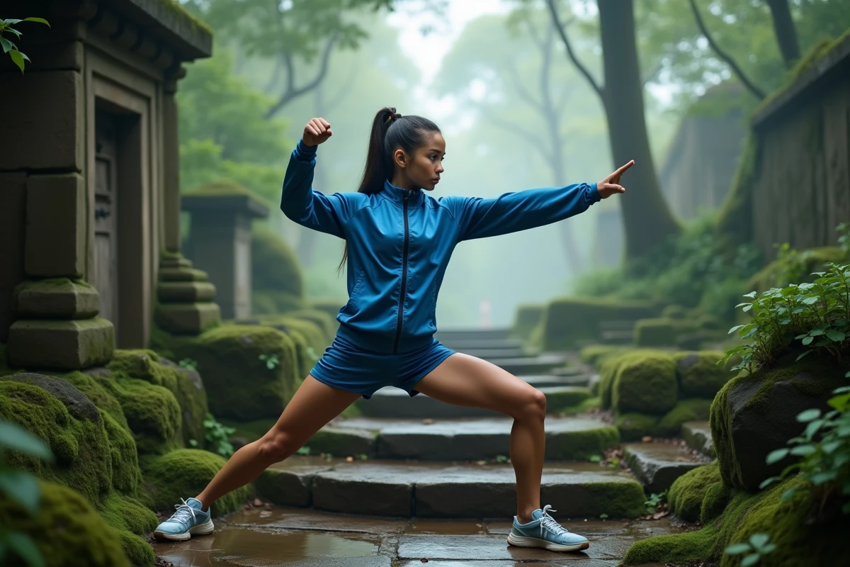 Femme sportive en stance de défense en forêt