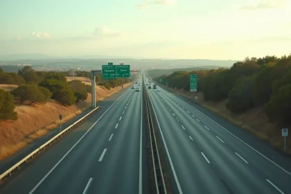 Vue en perspective d'une autoroute française menant à Toulouse avec panneau de signalisation vert indiquant le centre-ville