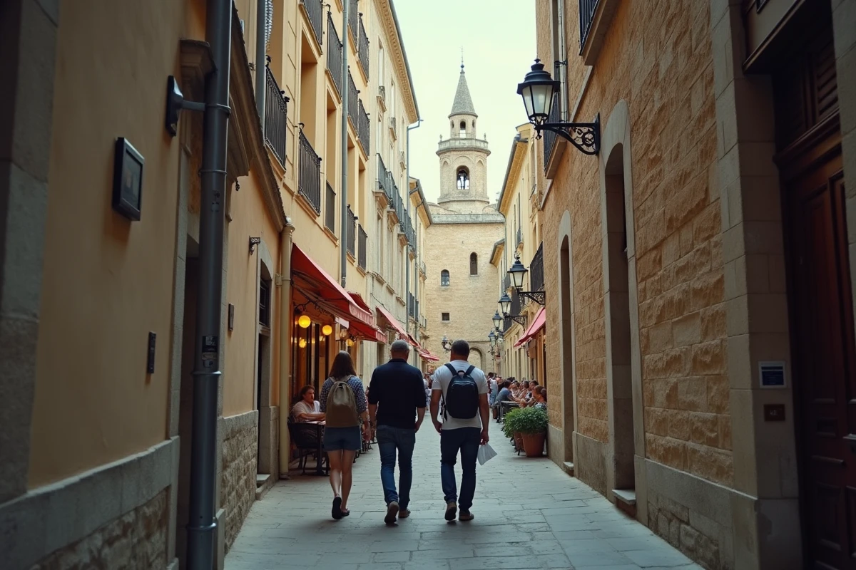 Ruelle étroite dans la vieille ville d'Avignon avec touristes anxieux et passant suspect, illustrant l'insécurité perçue renforcée par la concentration urbaine