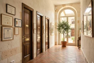 Couloir d'un cabinet d'avocats en Provence avec carrelage en terre cuite, murs en pierre blanche et diplômes encadrés