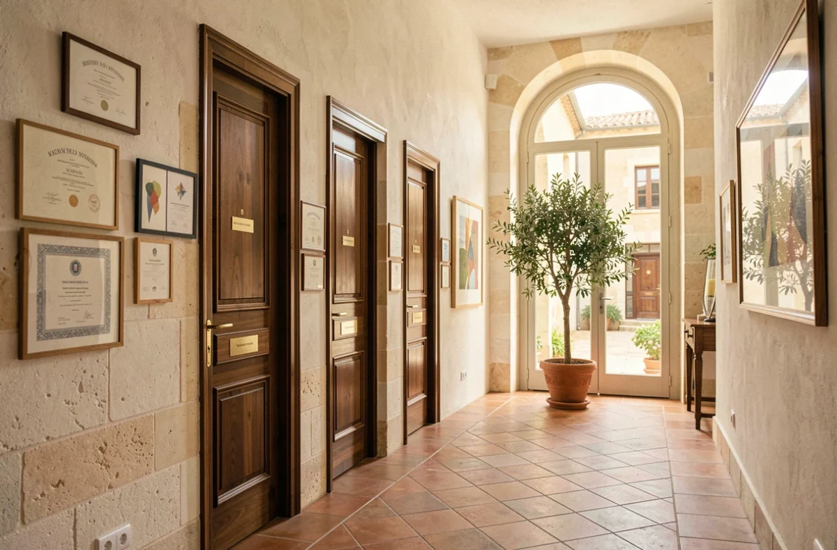 Couloir d'un cabinet d'avocats en Provence avec carrelage en terre cuite, murs en pierre blanche et diplômes encadrés