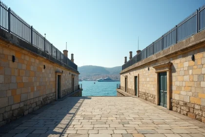 Vue extérieure de la base navale de Toulon avec ses murailles historiques et ses navires militaires en arrière-plan