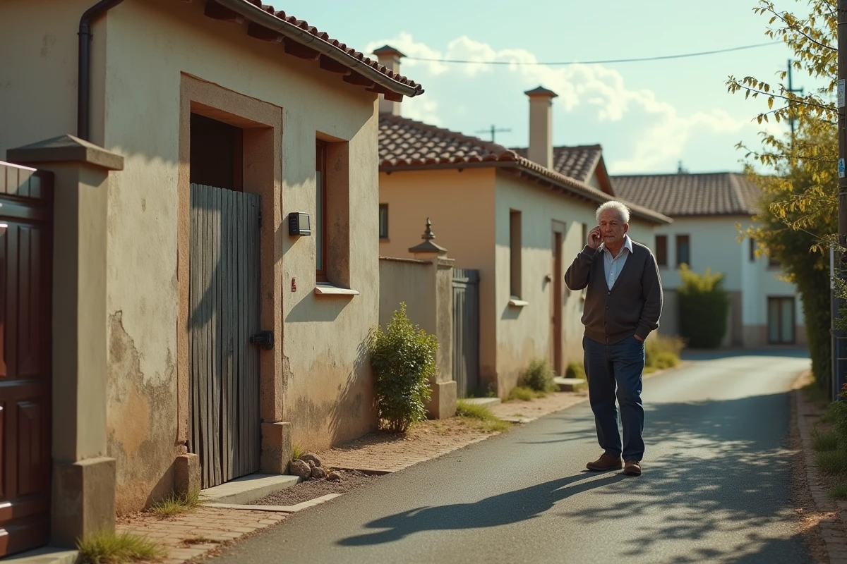 Rue résidentielle de Béziers avec porte forcée, ruban de police et voisin inquiet au téléphone, illustrant le taux de cambriolages supérieur à la moyenne nationale
