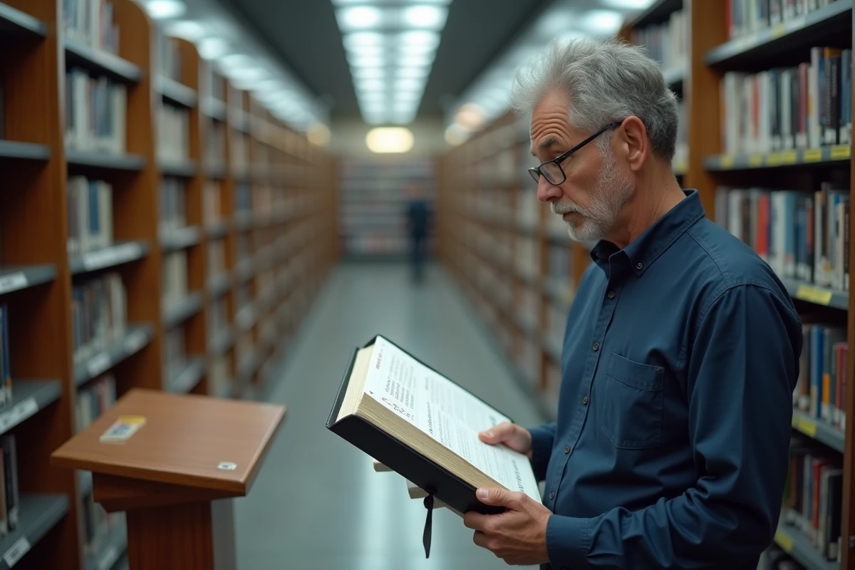 Bibliothécaire consultant une liste d'étoiles francelecture et un catalogue officiel dans une médiathèque publique