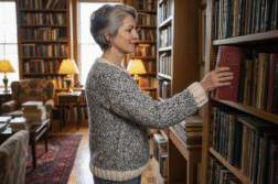 Femme d'âge moyen dans une bibliothèque chaleureuse
