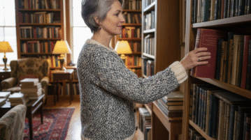 Femme d'âge moyen dans une bibliothèque chaleureuse