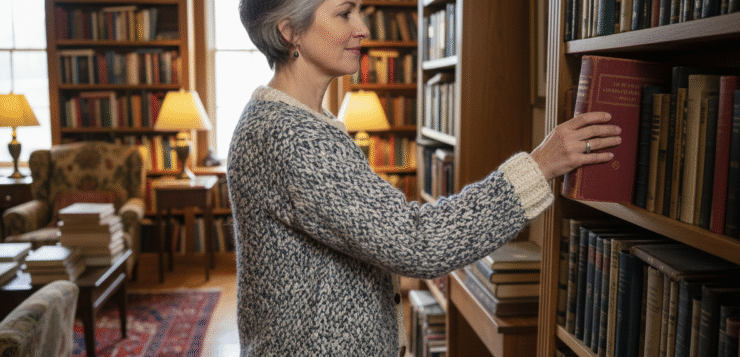 Femme d'âge moyen dans une bibliothèque chaleureuse