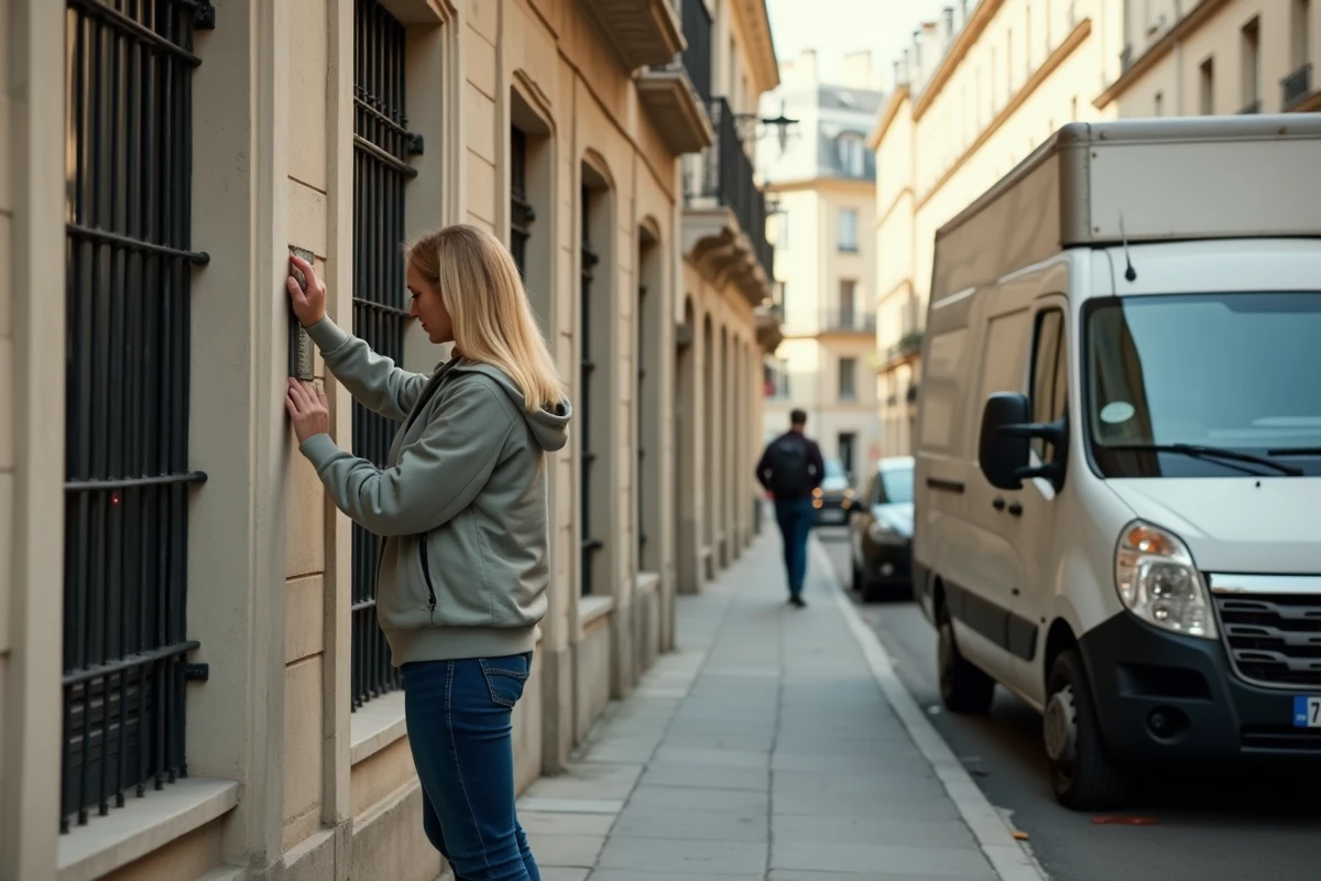 Rue résidentielle bordelaise avec femme examinant une serrure forcée et barreaux aux fenêtres, illustrant la hausse des atteintes aux biens à Bordeaux