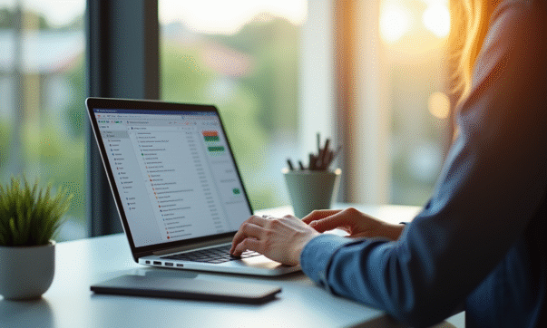 Personne travaillant sur un bureau lumineux avec un ordinateur