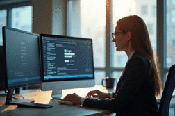 Une femme au bureau regarde un écran de connexion