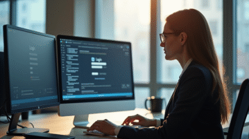 Une femme au bureau regarde un écran de connexion