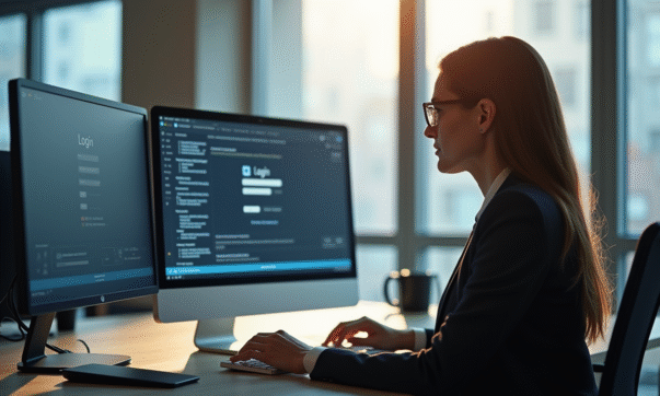 Une femme au bureau regarde un écran de connexion