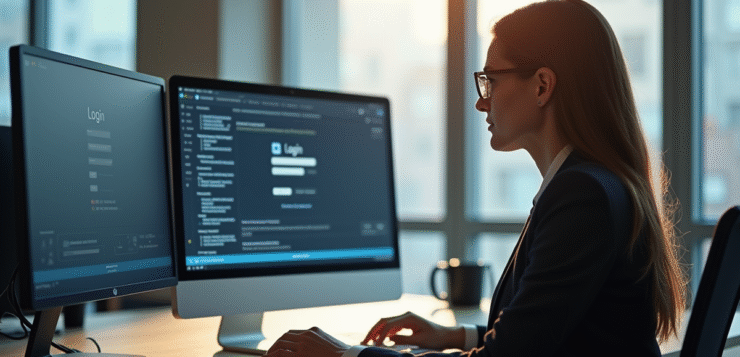 Une femme au bureau regarde un écran de connexion