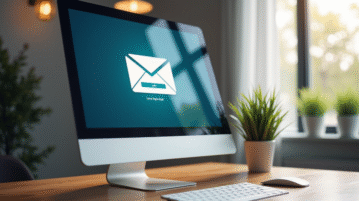 Espace de travail moderne avec écran affichant une connexion email