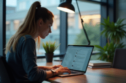 Jeune universitaire travaillant sur son ordinateur dans un bureau moderne