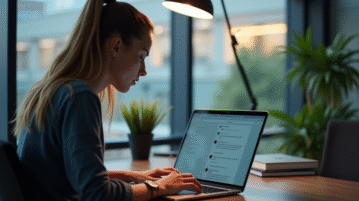 Jeune universitaire travaillant sur son ordinateur dans un bureau moderne