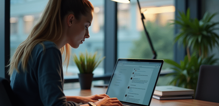 IA85 Webmail : avantages et bonnes pratiques pour une communication académique Jeune universitaire travaillant sur son ordinateur dans un bureau moderne