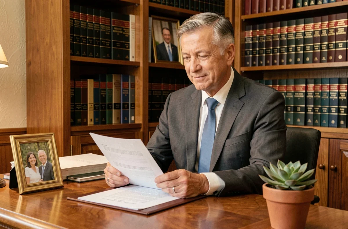 Cabinet Christophe Galli, avocat en droit familial à La Ciotat, consultant des documents à un bureau en bois chaleureux