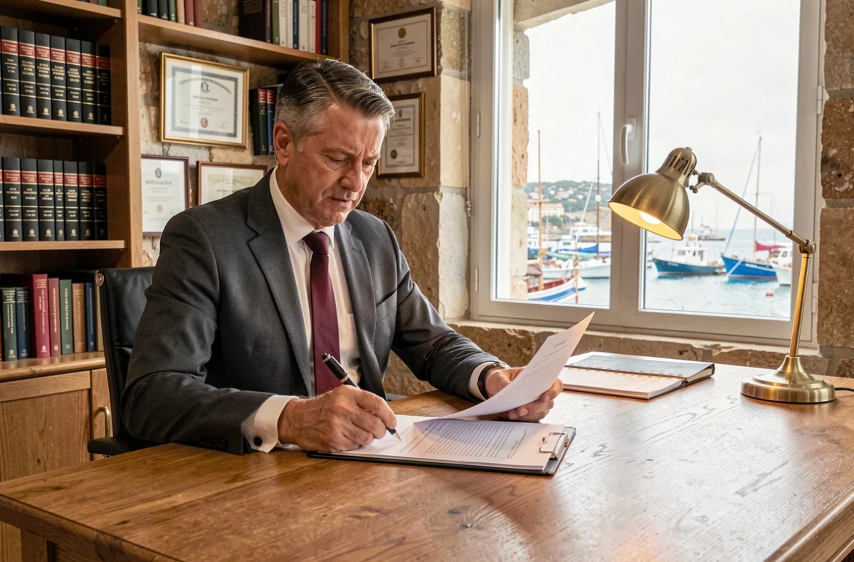Avocat du Cabinet Pignan et Gallant à son bureau à La Ciotat avec vue sur le port méditerranéen