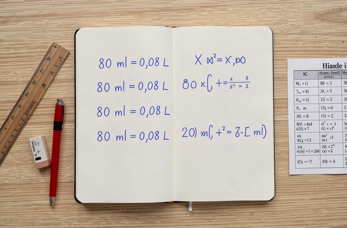Vue de dessus d'un cahier de mathématiques ouvert avec des conversions manuscrites de millilitres en litres, entouré de fournitures scolaires