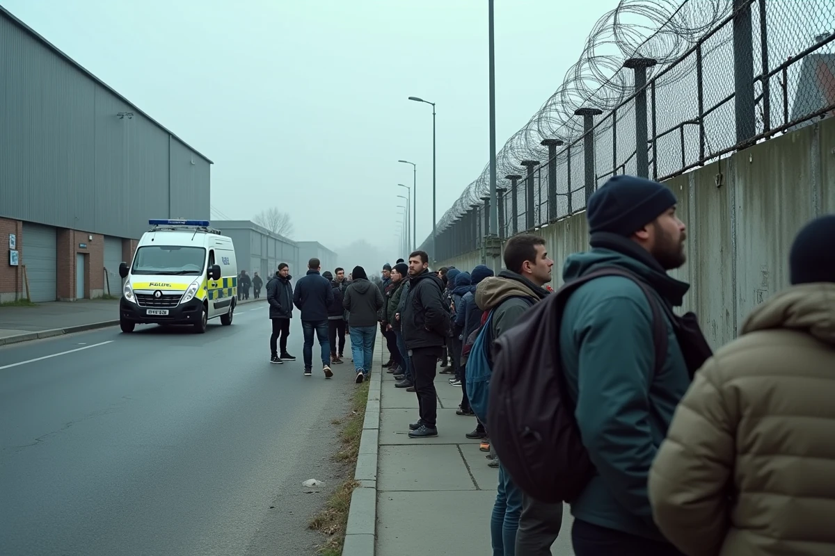 Rue près du port de Calais avec clôture barbelée et groupe de personnes migrantes près d'un entrepôt, illustrant la pression migratoire et la délinquance de voie publique