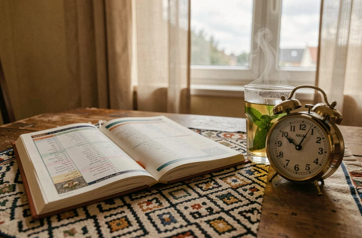 Calendrier de prière islamique, horloge et thé à la menthe sur une table, rappelant les horaires de salat de Fajr à Isha à Argenteuil