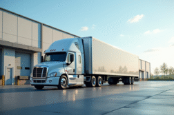 Camion moderne avec remorque vide dans un entrepôt logistique