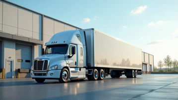 Camion moderne avec remorque vide dans un entrepôt logistique