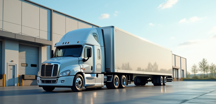 Camion moderne avec remorque vide dans un entrepôt logistique