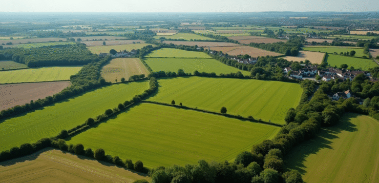 Vaste paysage agricole français vu d'en haut ensoleillé