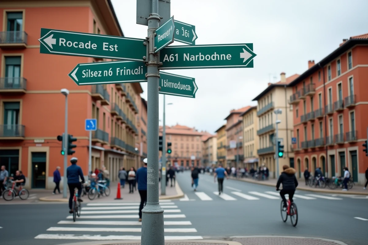 Carrefour urbain à Toulouse avec panneaux de signalisation indiquant les grands axes routiers et autoroutes régionales