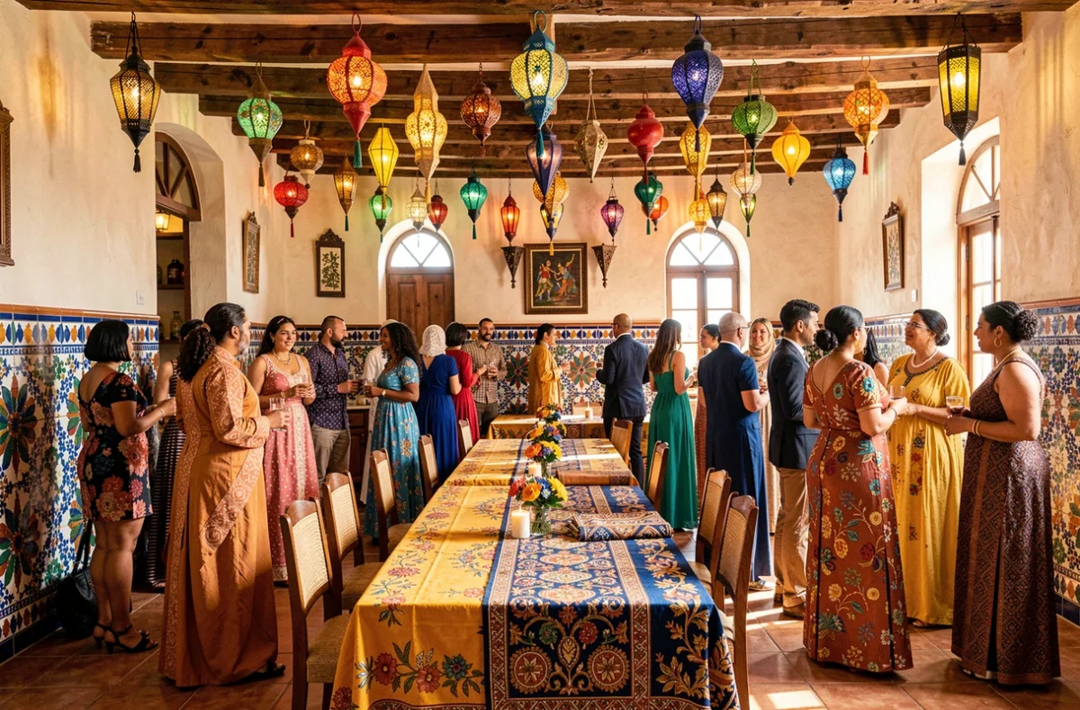 La Catrache, salle de réception aux accents nord-africains avec lanternes colorées, mosaïques et nappes brodées dans les Yvelines